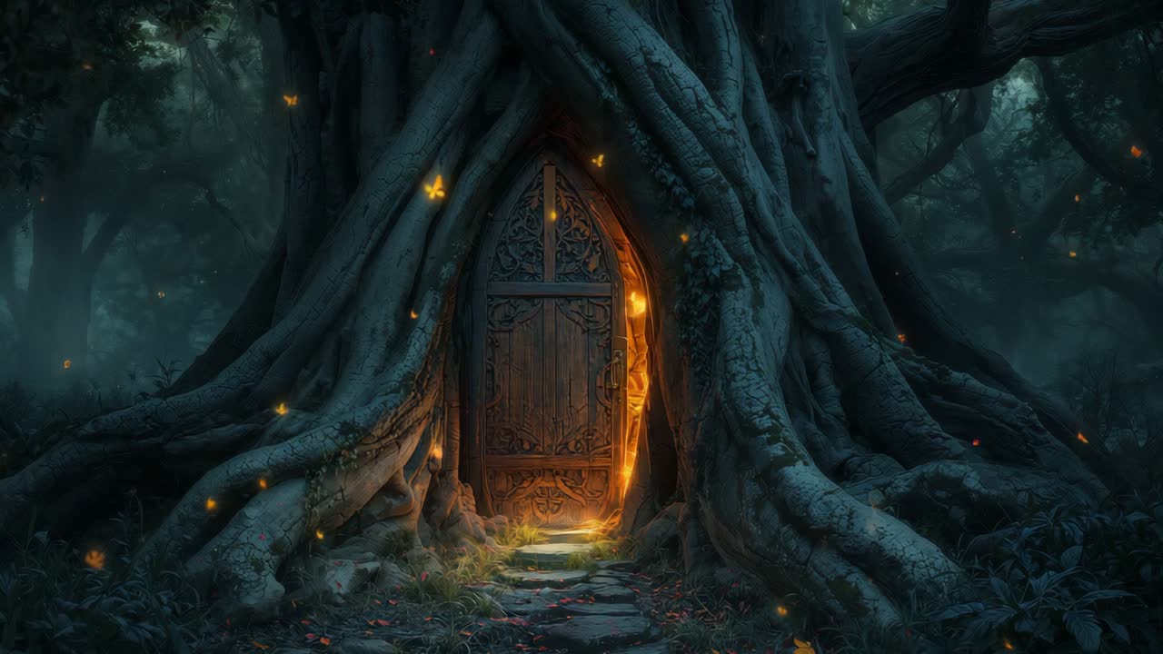 A magical doorway within a tree leading to another world