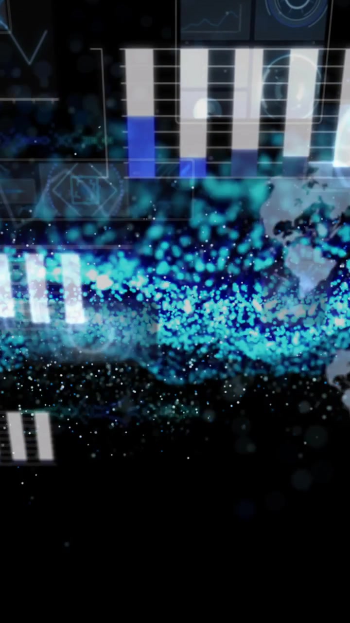 Animation of financial data processing over glowing mesh on black background