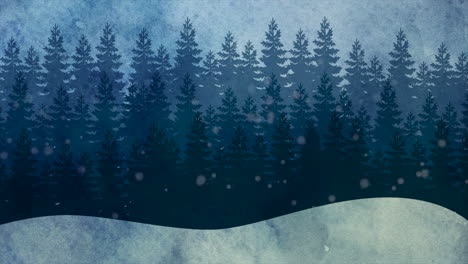 snow forest and falling snowflakes in night