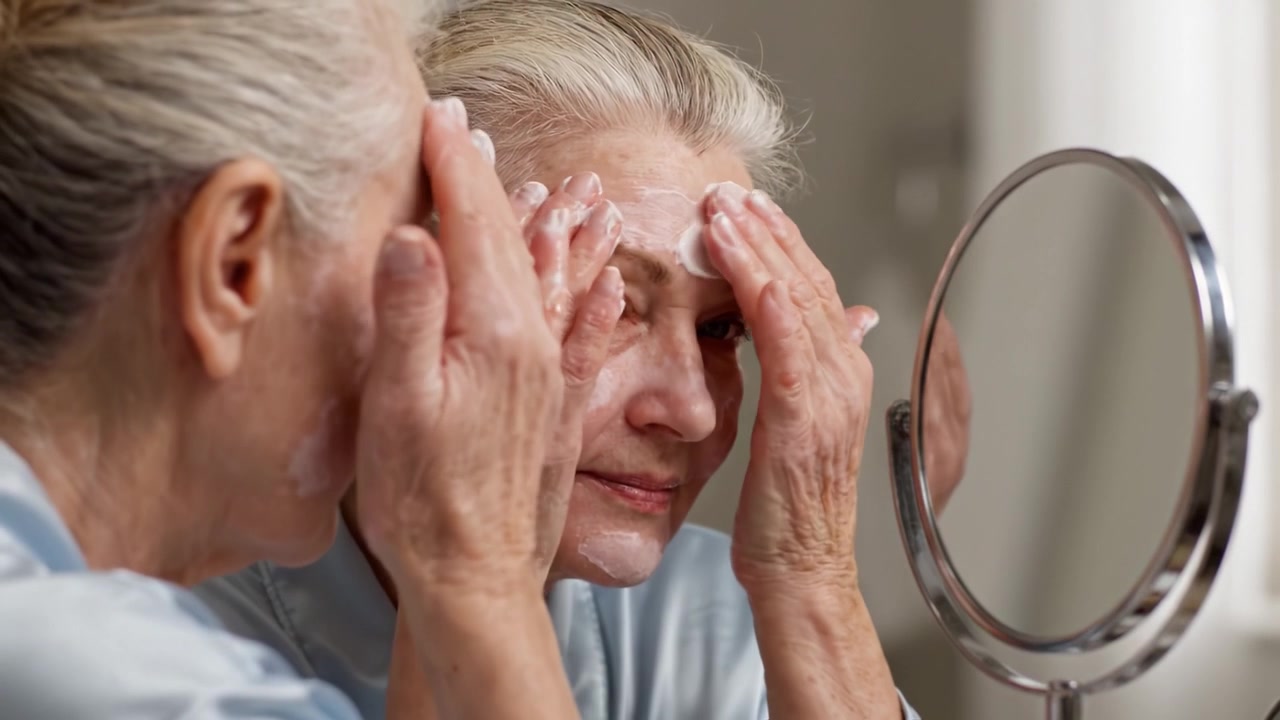 Momenti di riflessione: La routine di cura della pelle di una donna anziana catturata in due fotogrammi, enfatizzando la cura di sé e la bellezza dell'invecchiare con fiducia.
