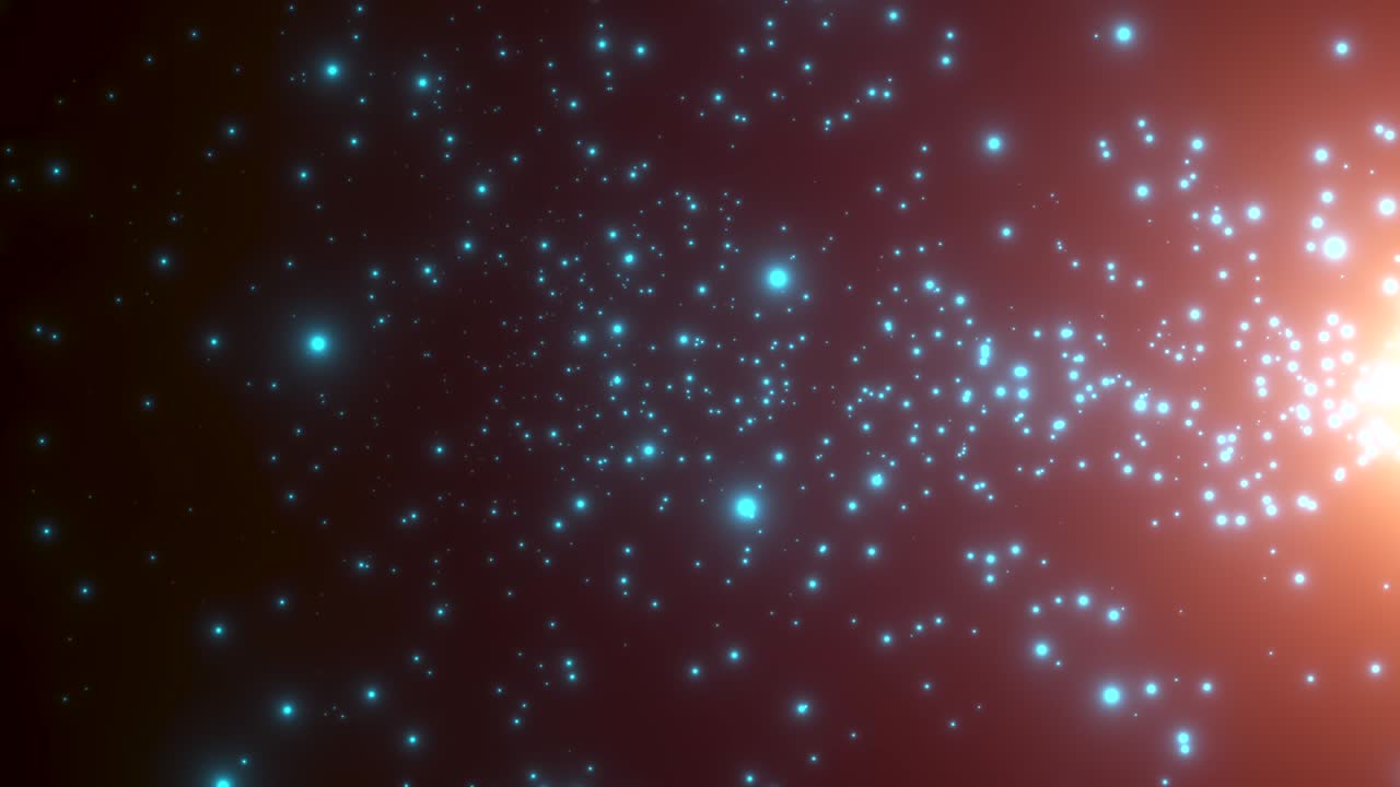 Fly small blue particles and stars on dark background