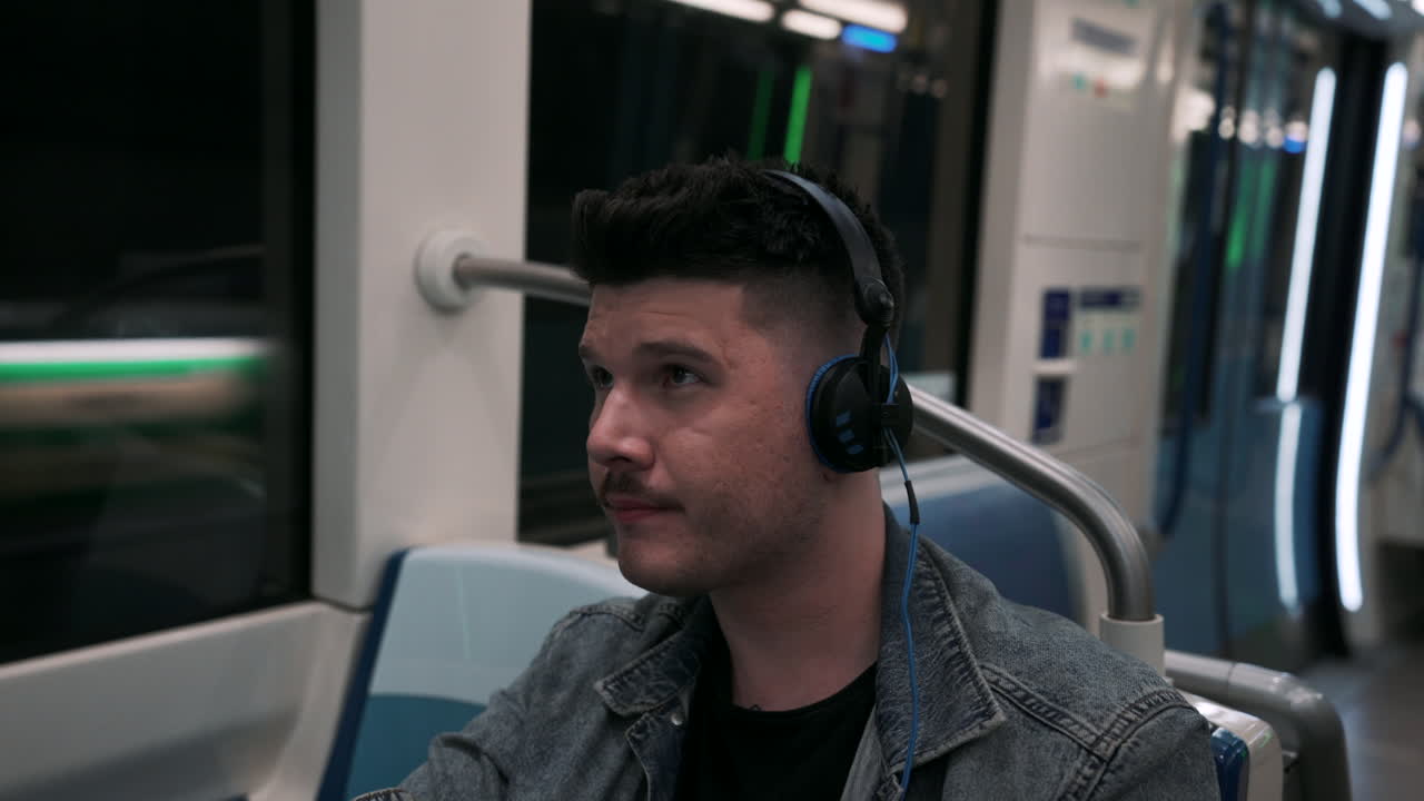 joven sentado dentro de un tren en movimiento escuchando música con auriculares mientras viaja en el metro subterráneo en montreal, quebec, canadá