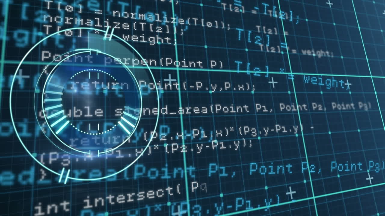 Animation of loading circles over grid pattern against computer language on abstract background