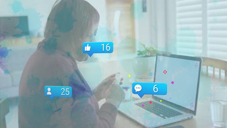 social media notifications animation over person using smartphone at home