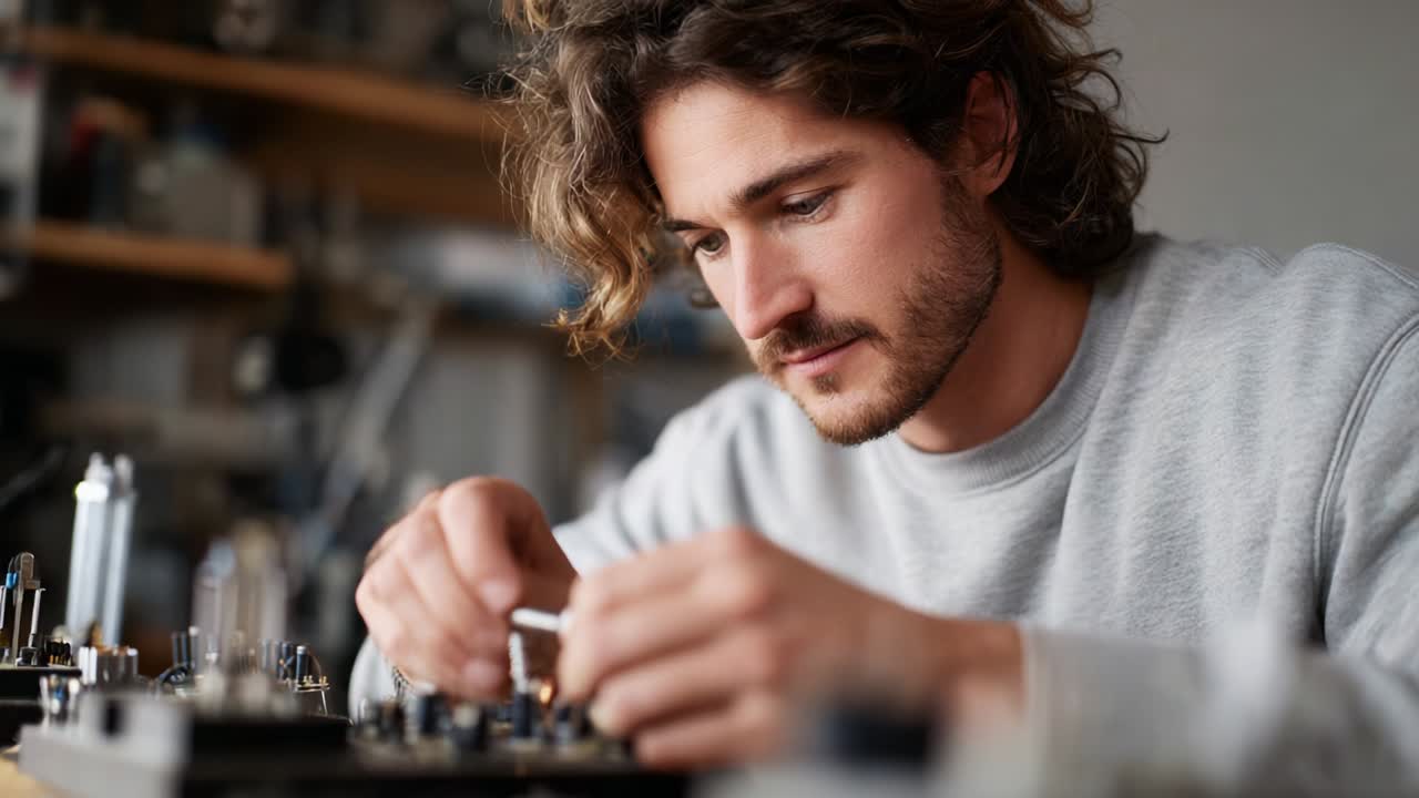 A focused young man meticulously assembling and repairing electronic components in a well-organized workspace, showcasing attention to detail and craftsmanship in a creative environment