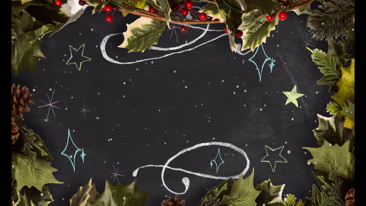 Animation of snow falling over holly and stars with copy space on black background
