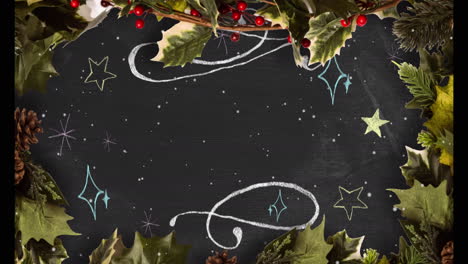 animation of snow falling over holly and stars with copy space on black background
