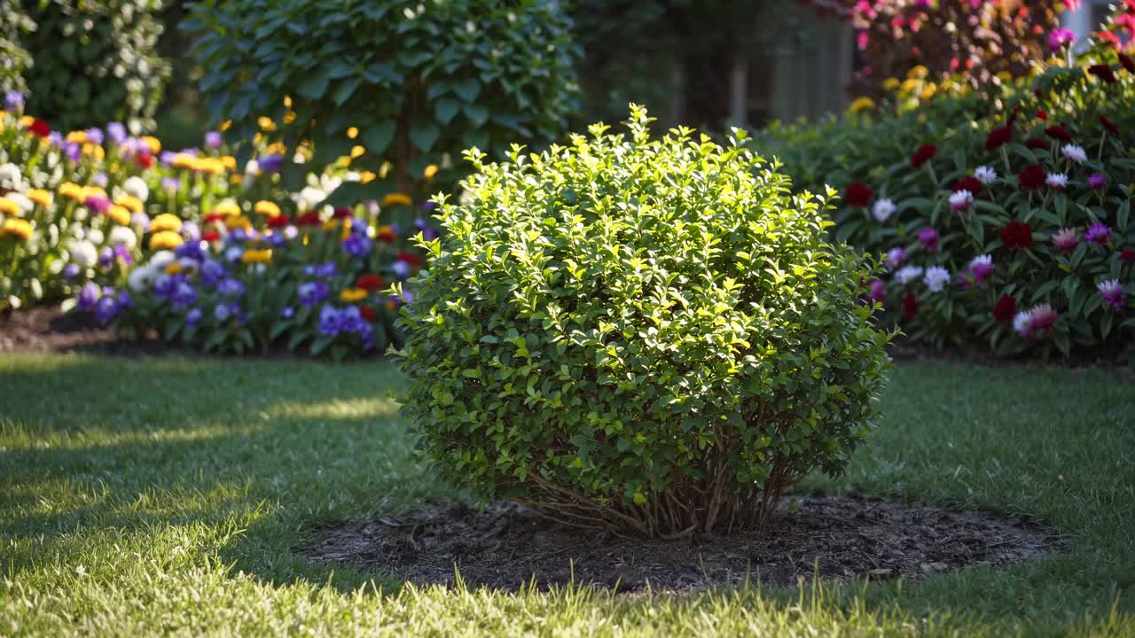 Una scena di giardino lussureggiante con un'enfasi su un arbusto rotondo, ripresa all'altezza degli occhi