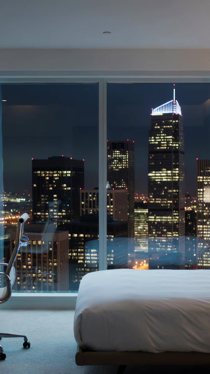 Video verticale: Luci tremolanti della città che proiettano riflessi sul vetro in camera da letto, letto bianco in primo piano.