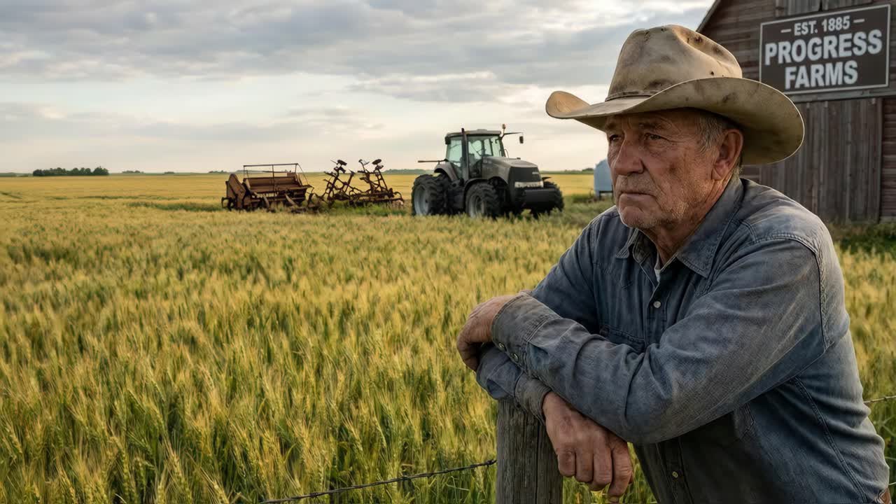 Un agriculteur se tenant dans un champ avec un tracteur et une grange à l’arrière-plan
