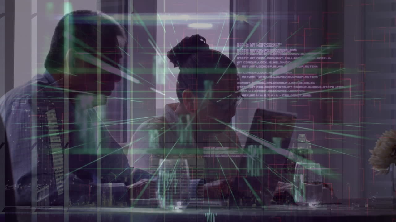 Animation of data processing over senior asian couple using laptop