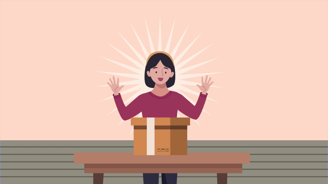 테이블 에 있는 상자 를 풀고 있는 여자