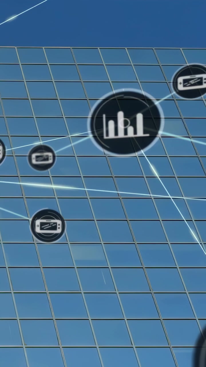 Node entering lower-left initiating chart and connecting lines on glass wall showing tech metrics