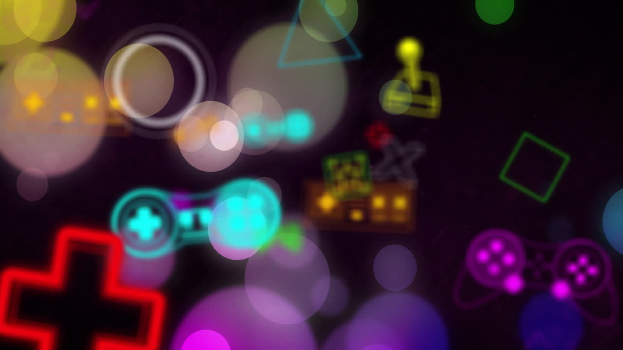 Colorful gaming icons and shapes animation over blurred lights background