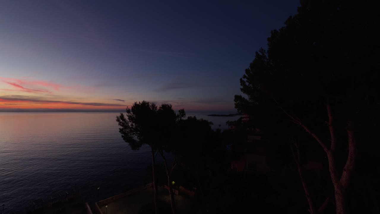 A mesmerizing golden orange sunset over Bay of Palma, capturing the serene horizon with the silhouette of trees, creating a tranquil and picturesque coastal scene. pan right
