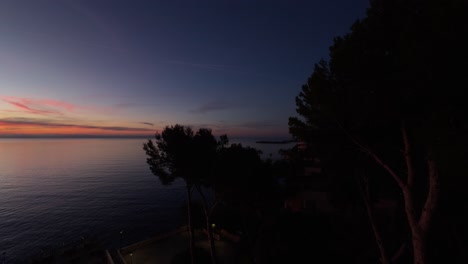 a mesmerizing golden orange sunset over bay of palma, capturing the serene horizon with the silhouette of trees, creating a tranquil and picturesque coastal scene. pan right