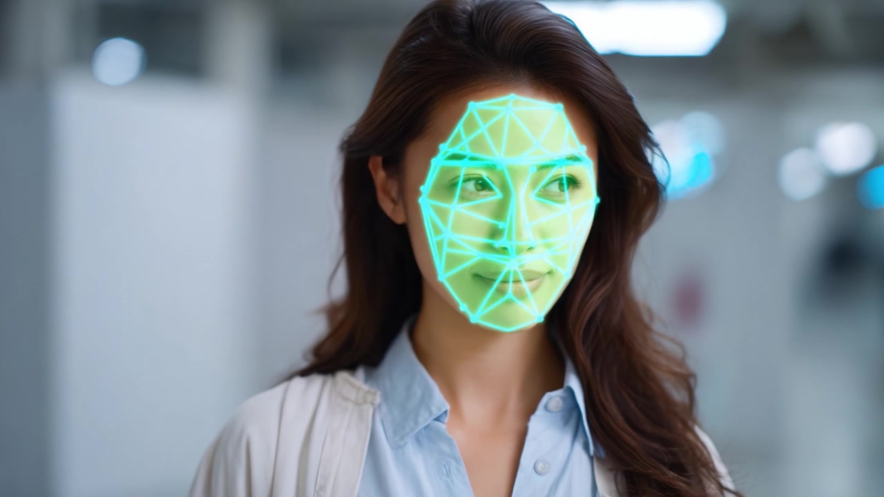 A close-up view of a woman showcasing advanced facial recognition technology with detailed geometric overlays highlighting facial features in a modern environment.
