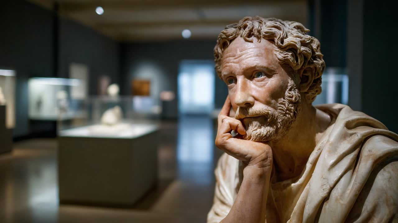 Scultura intricata di un filosofo che contempla la vita in un ambiente museale, mostrando la maestria artistica e il significato storico dell'arte classica.