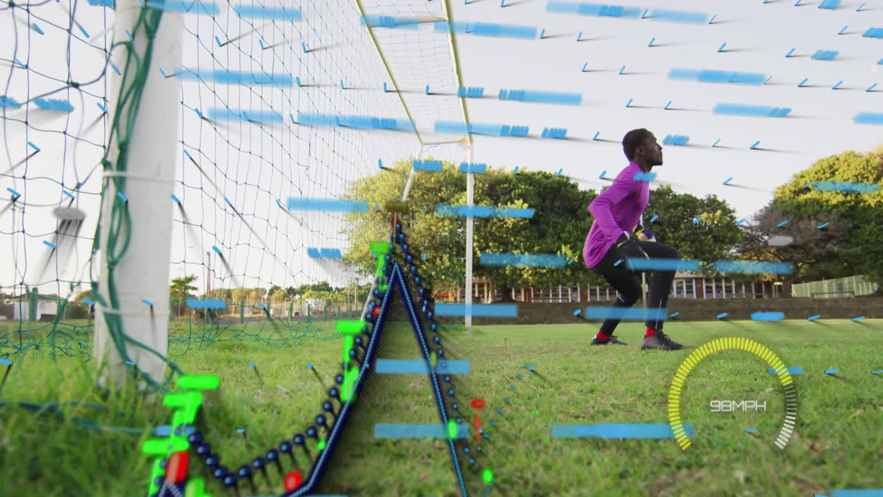 Practicing goalkeeping, soccer player with animation data overlay on field