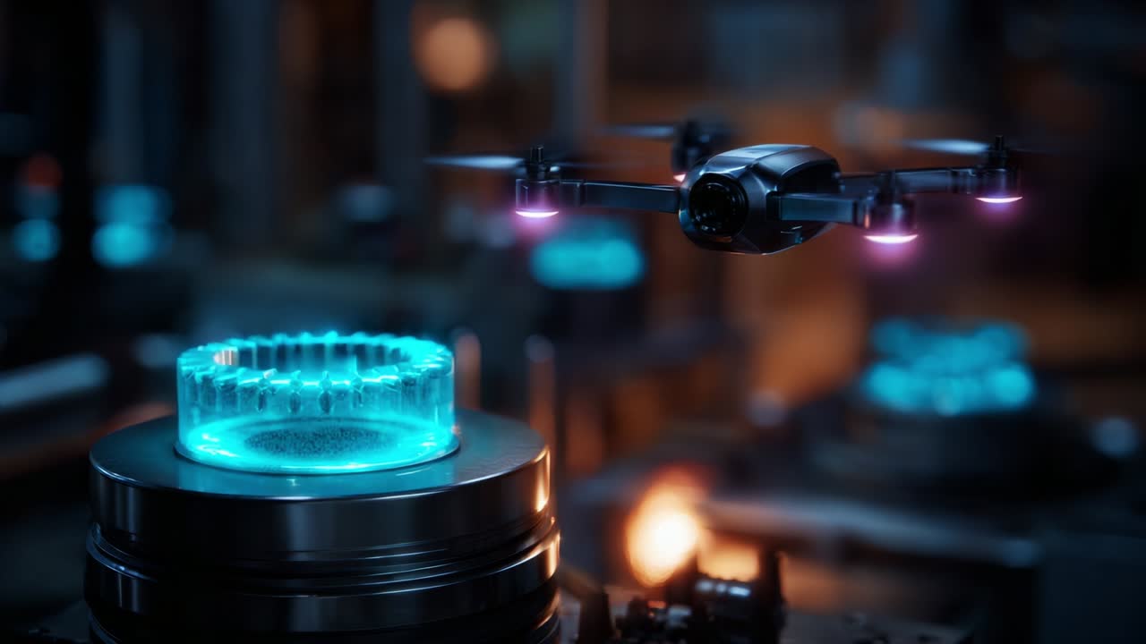 A futuristic drone hovers above a glowing mechanical component, showcasing advanced technology in action, perfectly highlighting the integration of robotics and manufacturing in a modern environment