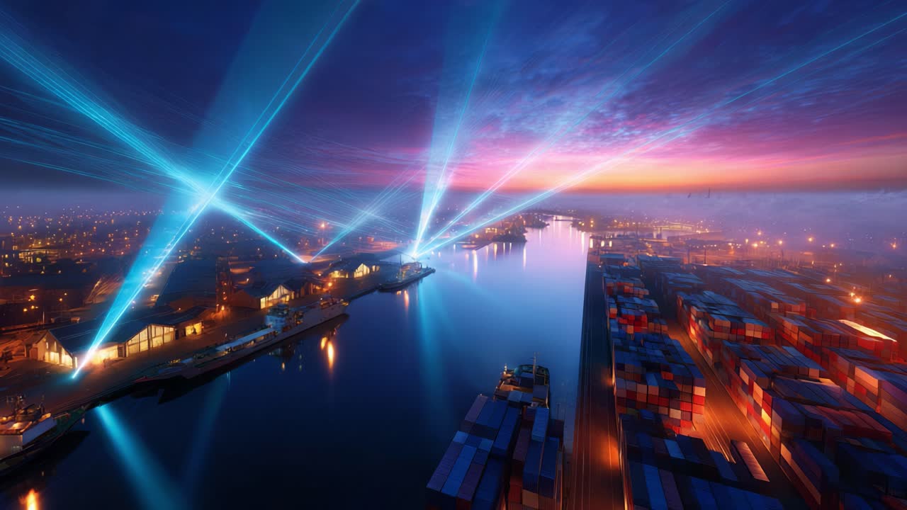 A breathtaking evening view of a bustling port, showcasing a dazzling light display reflecting over the calm waters, surrounded by colorful shipping containers and vibrant urban lights