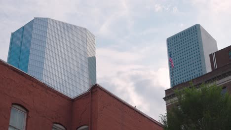 Low-angle-view-of-buildings-in-downtown-Houston,-Texas