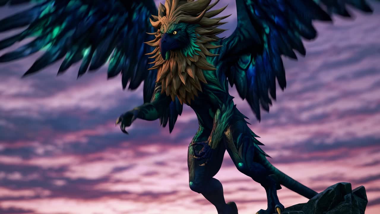 Powerful Winged Mythical Creature Standing in a Magical Forest