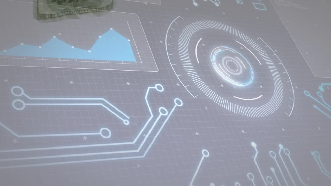 Banknote entering left edge sliding across hologram UI, touching HUD and chart testing response