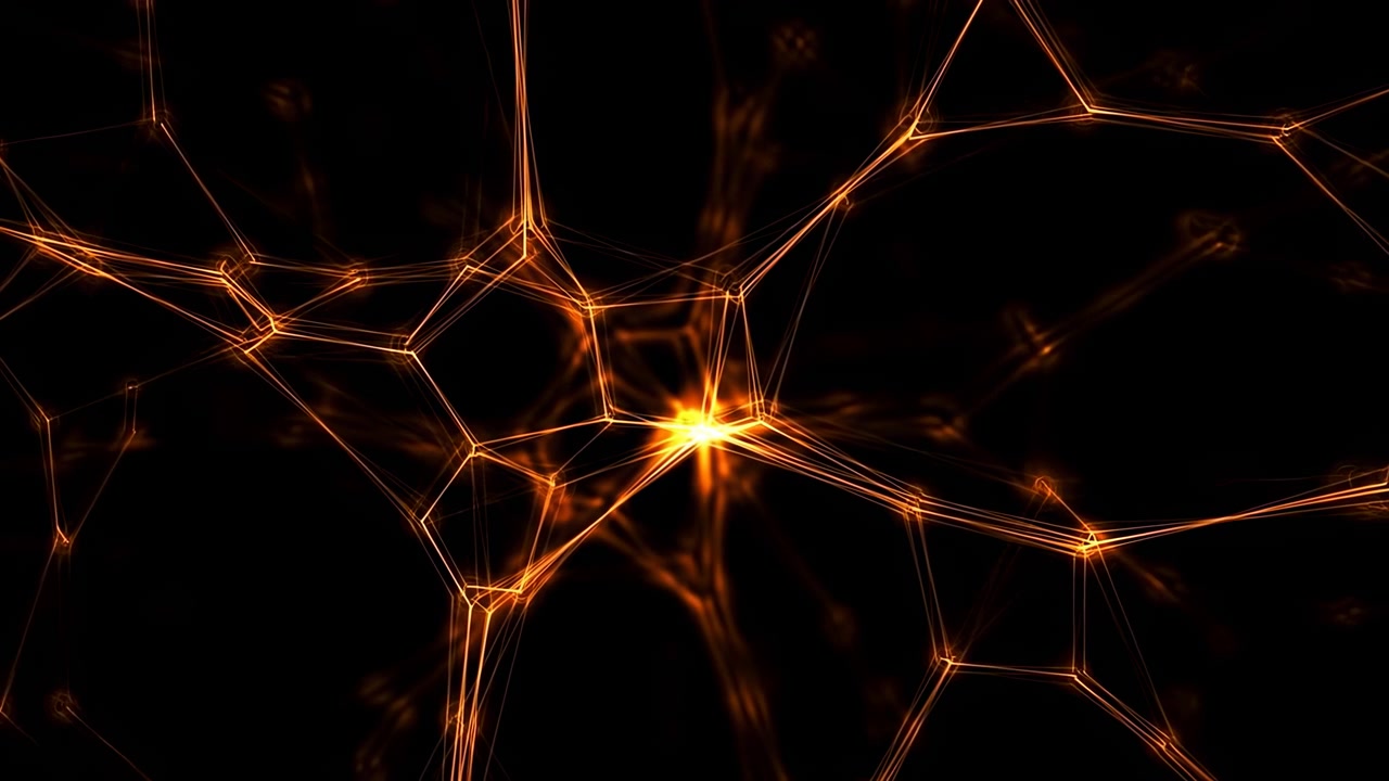 Filamentos interconectados laranja e âmbar formam uma rede geométrica sobre um fundo preto profundo enquanto nós brilhantes criam flashes em estrela, brilho sutil e energia futurista, com rede, nó, brilho