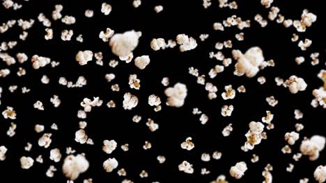 flying many popcorns on black background. white salty popcorn. healthy food. corn seed. 3d loop animation of popcorn rotating.