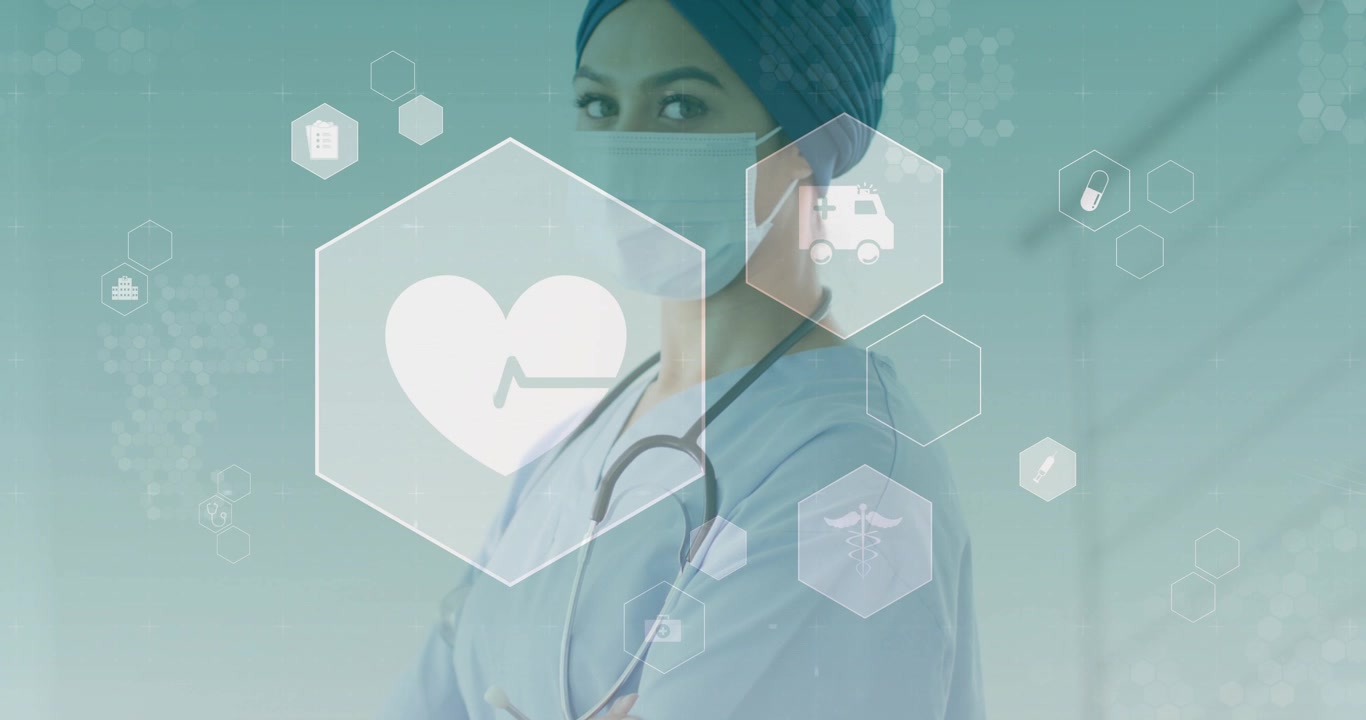 Clinico in piedi nel corridoio, la telecamera rivela gli occhi mentre un HUD sovrappone l'ECG cardiaco per uso clinico.