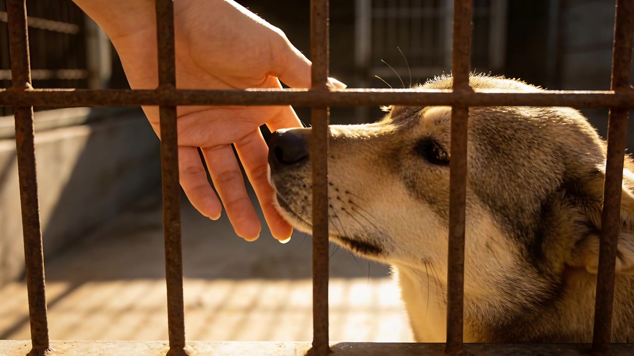 Mano desnuda avanzando lentamente a través de barras de metal verticales oxidadas en la perrera, perro olfateando en busca de consuelo.