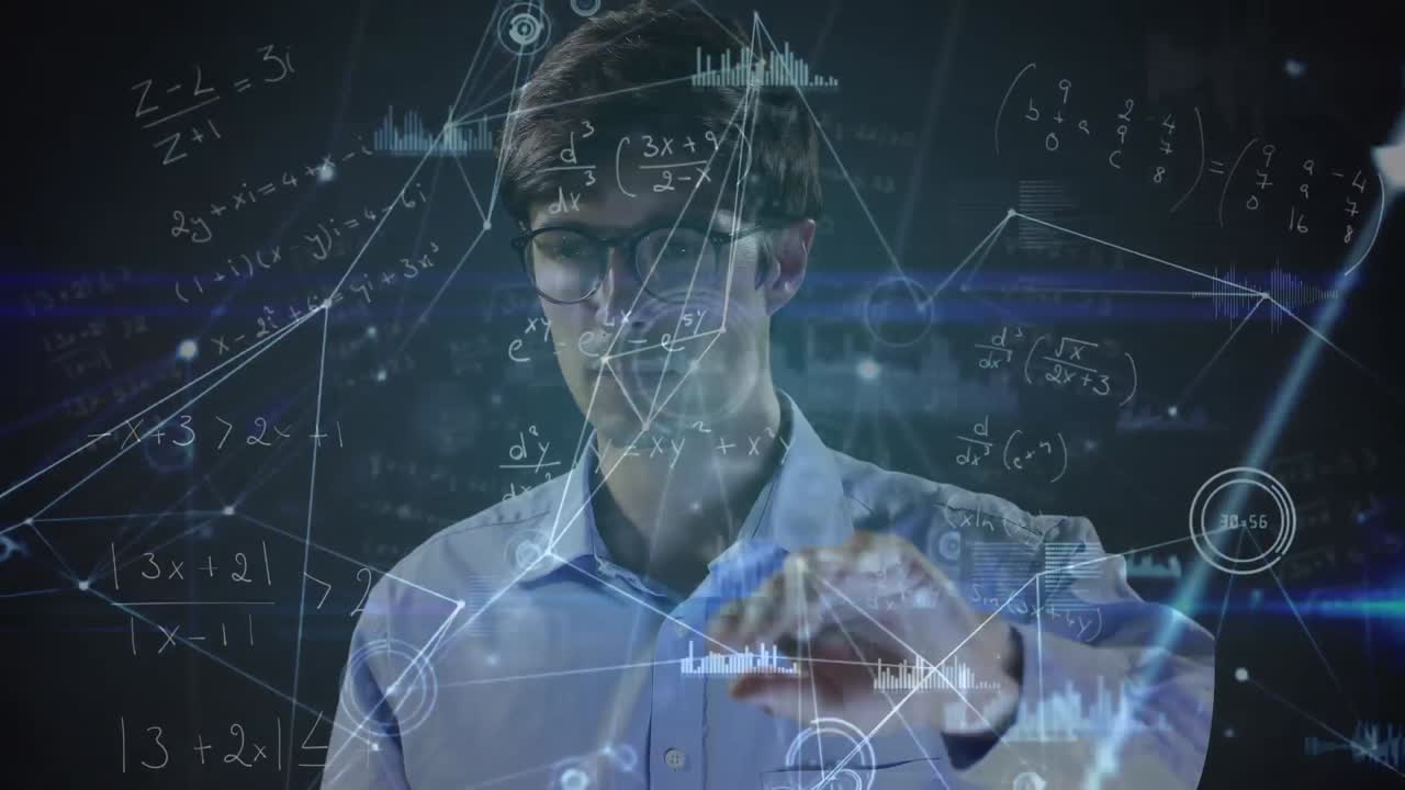 hombre trabajando en ecuaciones matemáticas animadas.