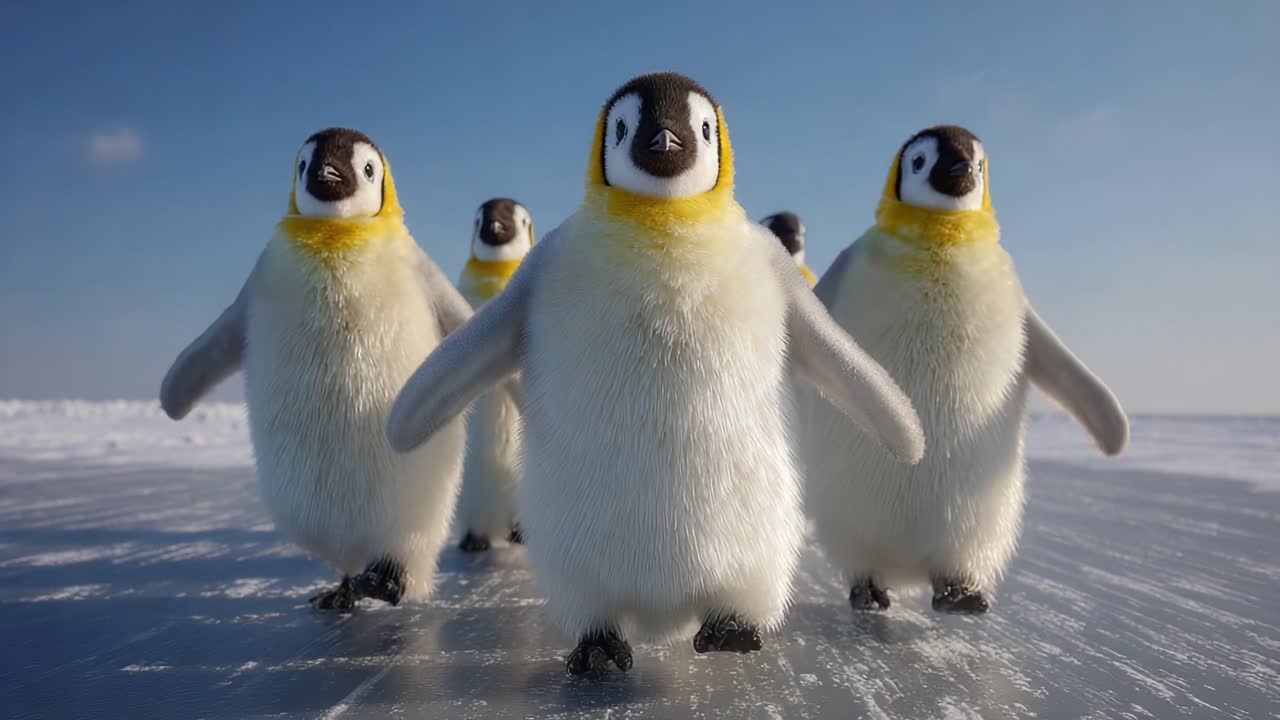 A charming parade of young penguins waddling across a gleaming icy landscape, showcasing their playful nature and adorable features under a clear blue sky