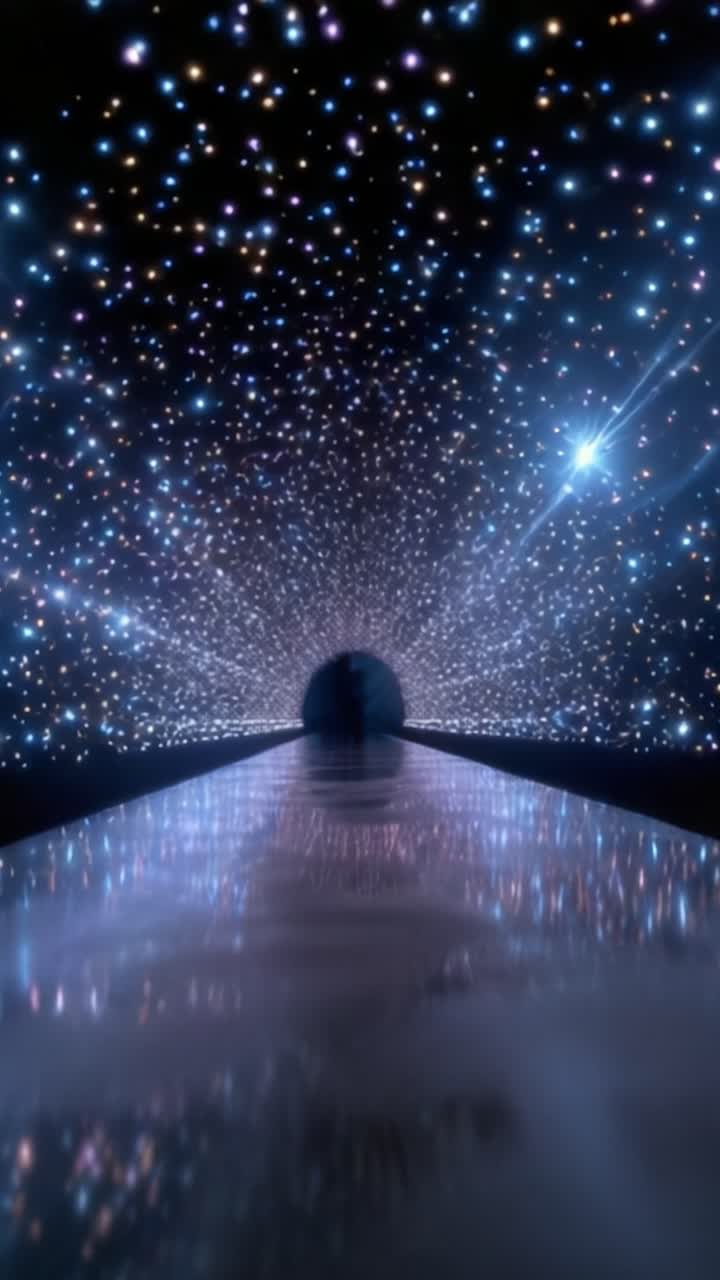 Un viaggio cosmico attraverso un tunnel scintillante di stelle, un sentiero illuminato e uno spazio infinito pieno di luce abbagliante e riflessi celesti.
