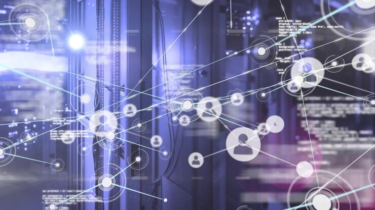 Animation of network of connections with icons and data processing over server room