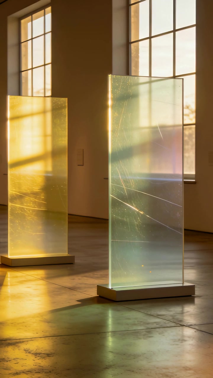 Vertical video: Shifting sunlight through gallery window, right-front panel catching rainbow glints