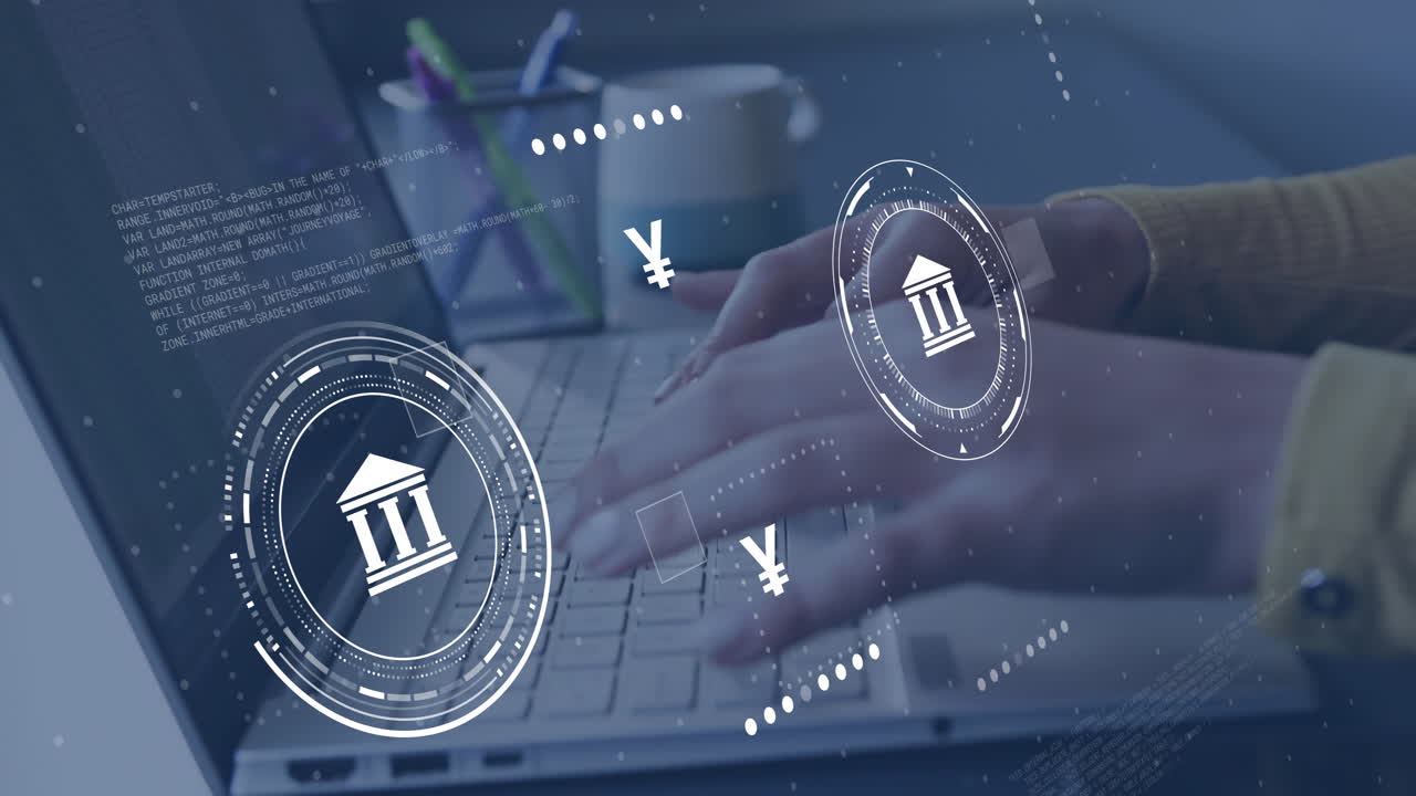 Animation of currency symbols with data processing over caucasian businesswoman using laptop