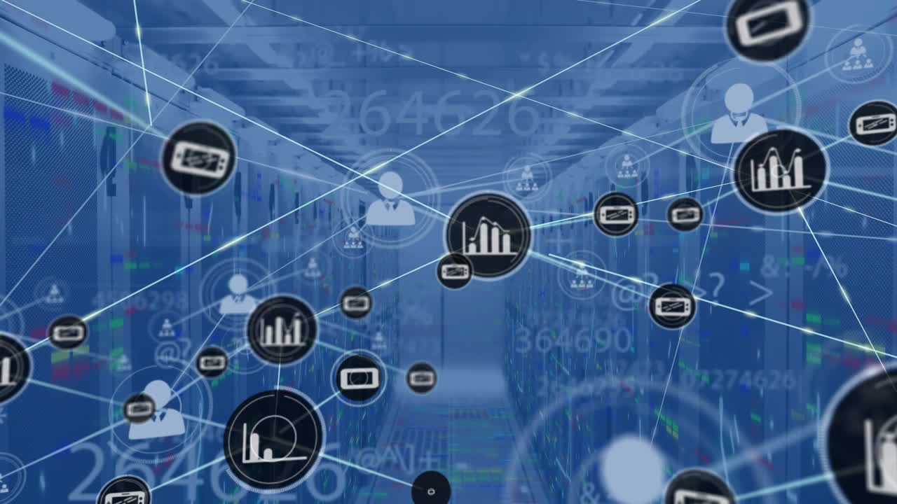 Animation of network of connections with icons and data processing over server room