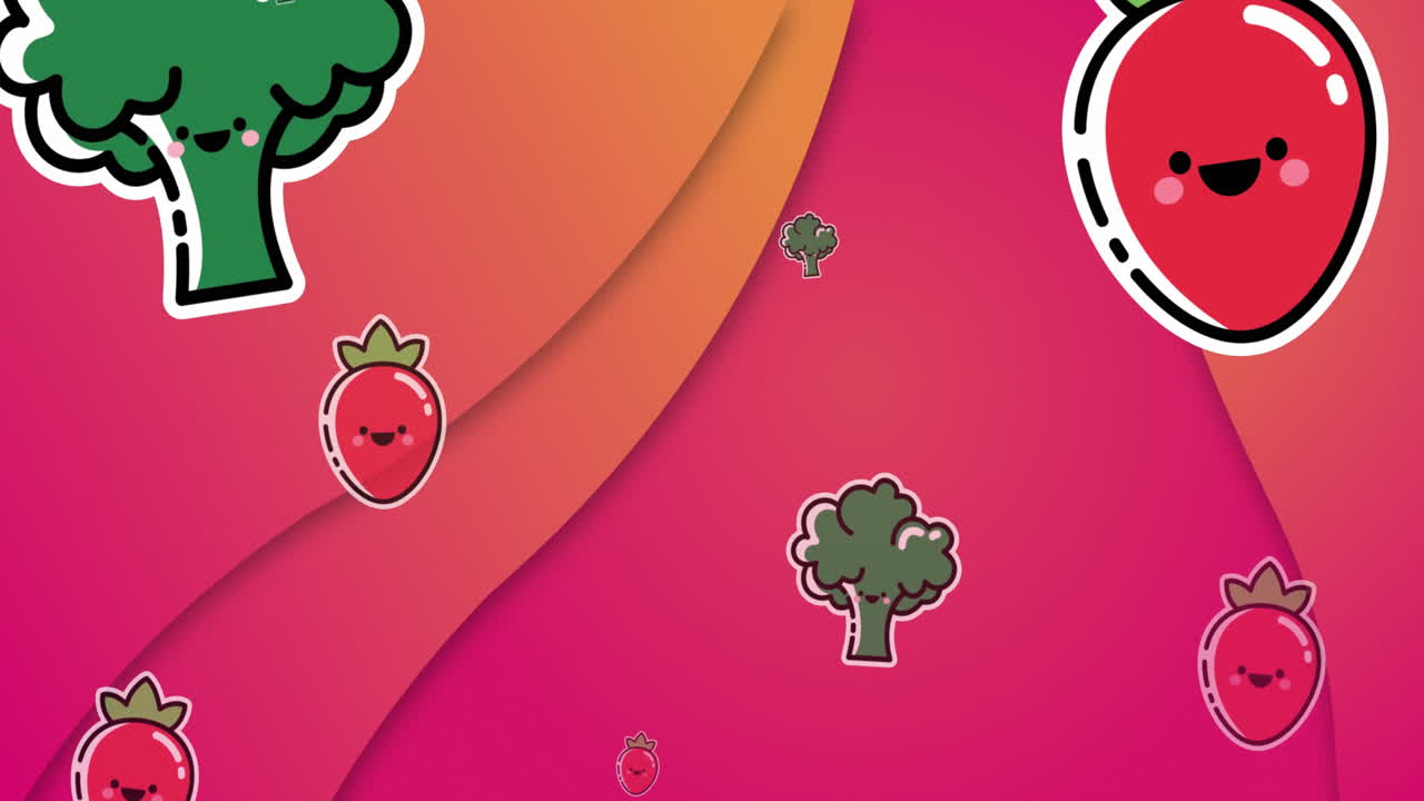 animación de broccoli y tomates que caen sobre un patrón abstracto contra un fondo rosado