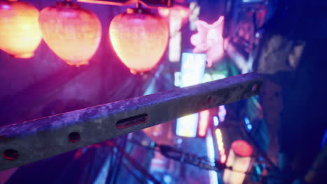 close up of a rusty metal bar in a dark urban setting with neon lights