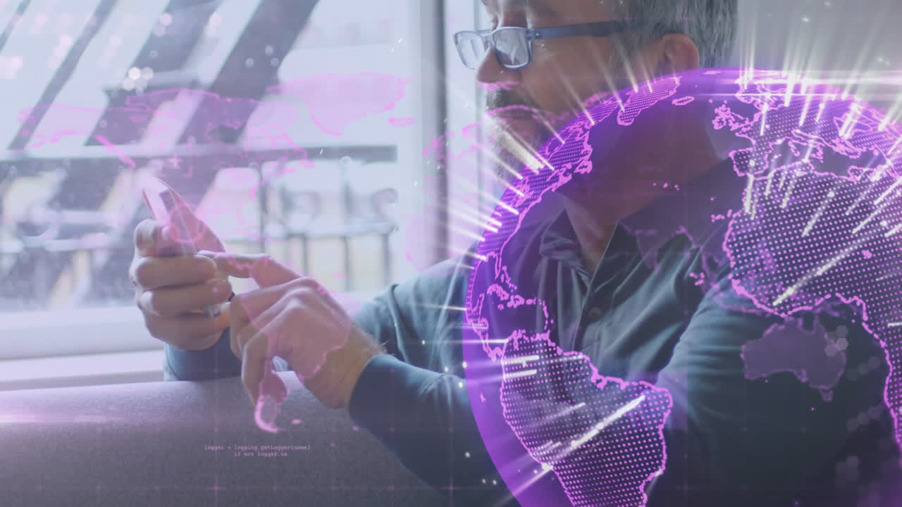 Animation of globe over man using smartphone