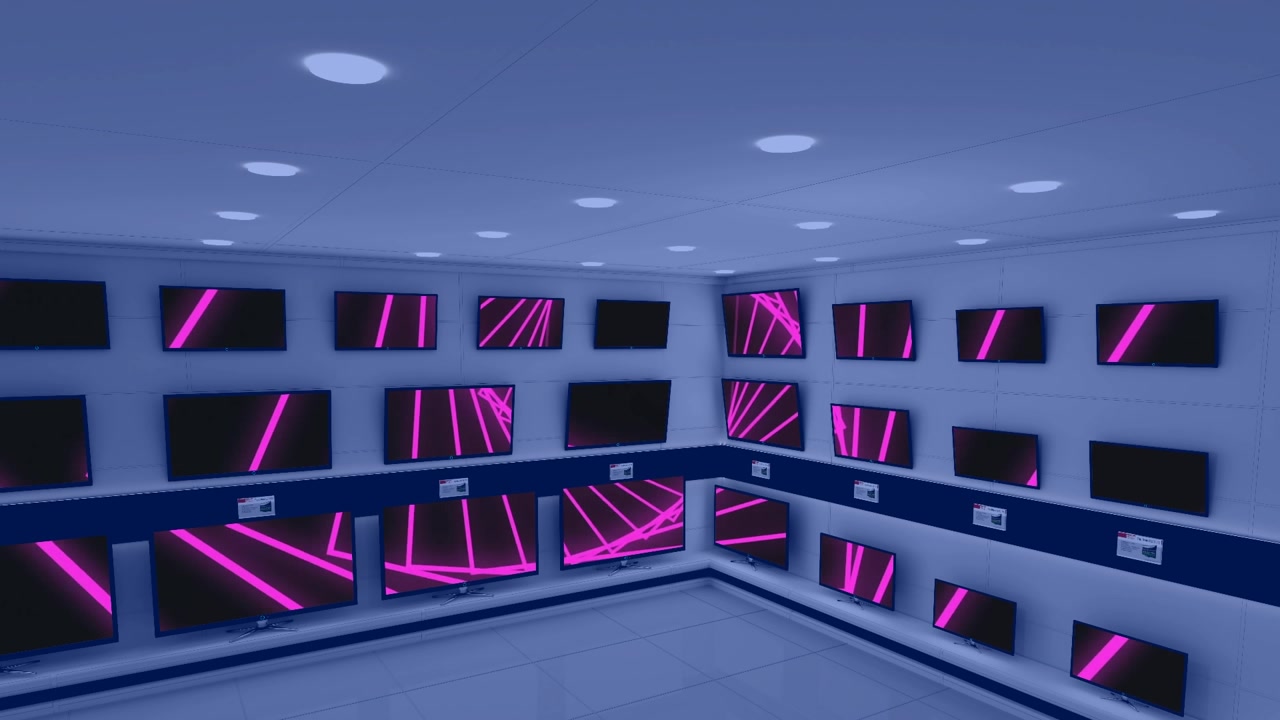 Animazione di salvaschermi sugli schermi in un negozio di tecnologia.