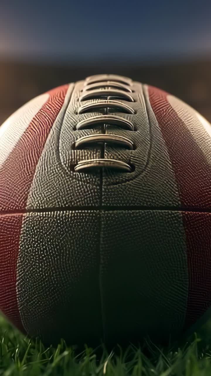 Vertical video: Pulling back camera revealing football on grass at dusk, showing stadium lights