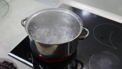 add the berries in boiling water. cooking compote. kitchen