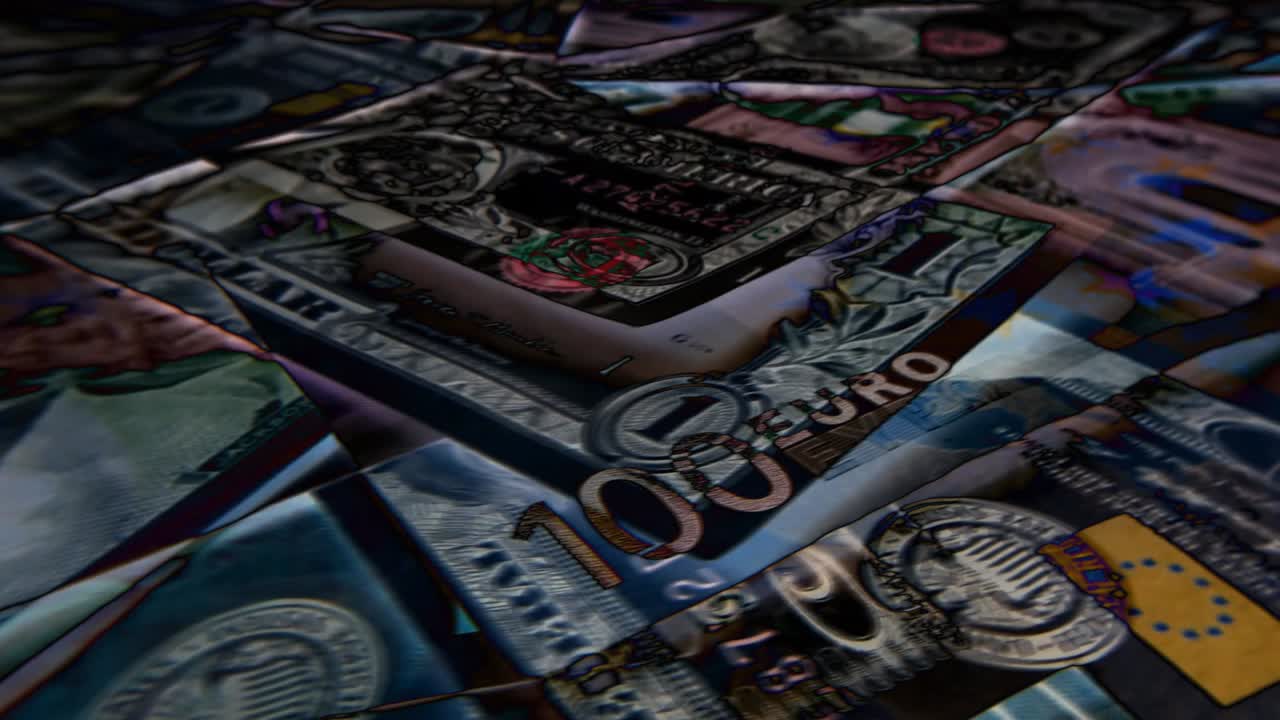 billetes de dólares y euros giratorios de varias denominaciones de primer plano con un efecto negativo creativo. video de bucle macro 4k 60 fps.