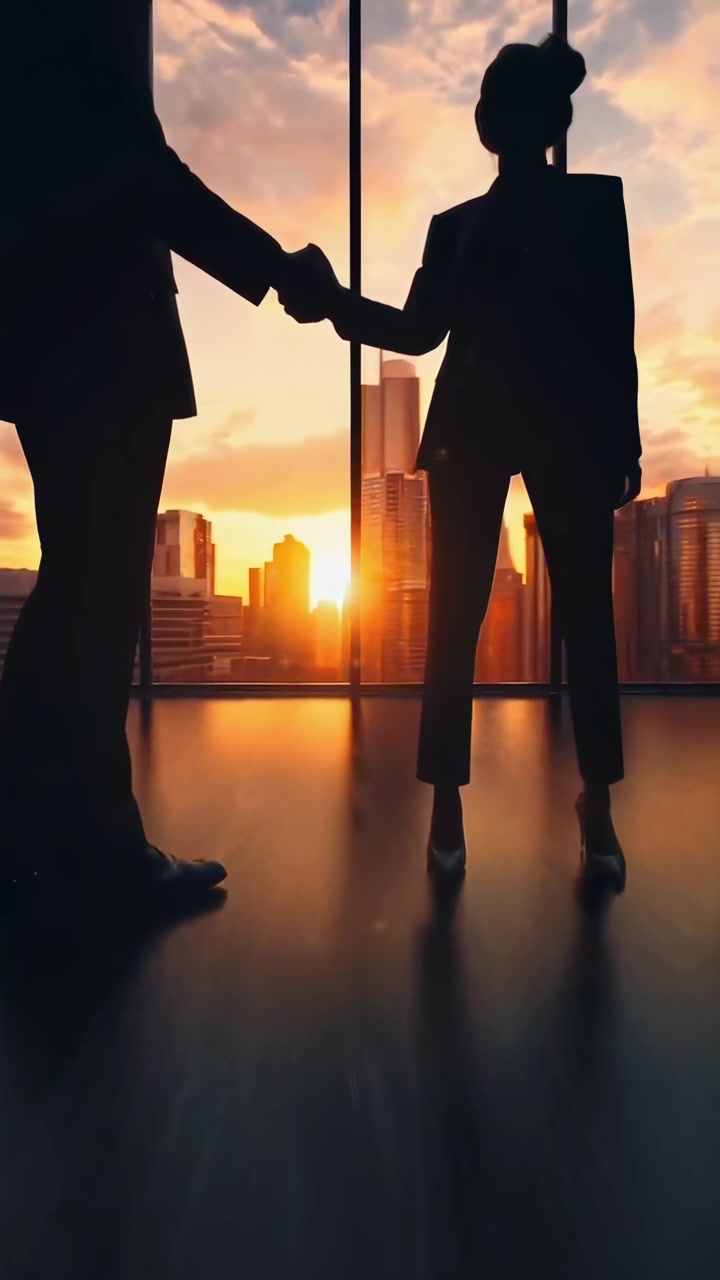 Sagome di persone d'affari che si stringono la mano contro uno skyline cittadino al tramonto