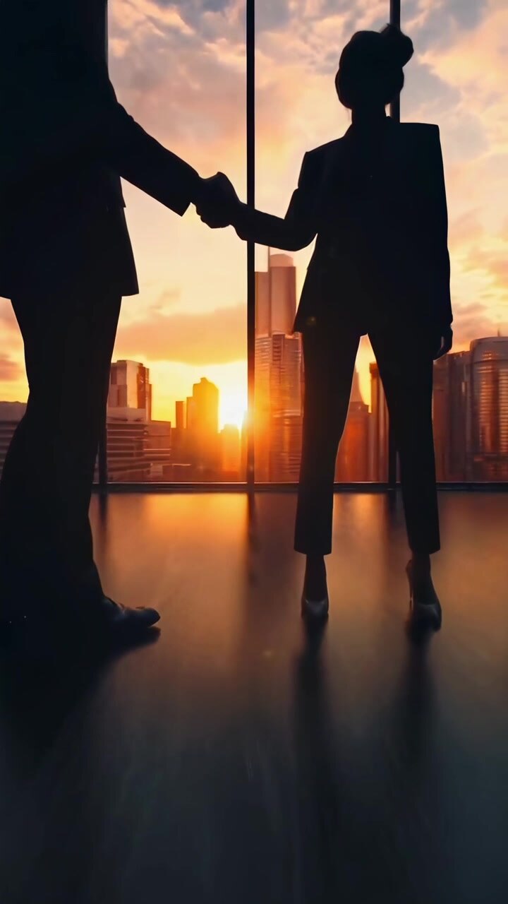 Sagome di persone d'affari che si stringono la mano contro uno skyline cittadino al tramonto