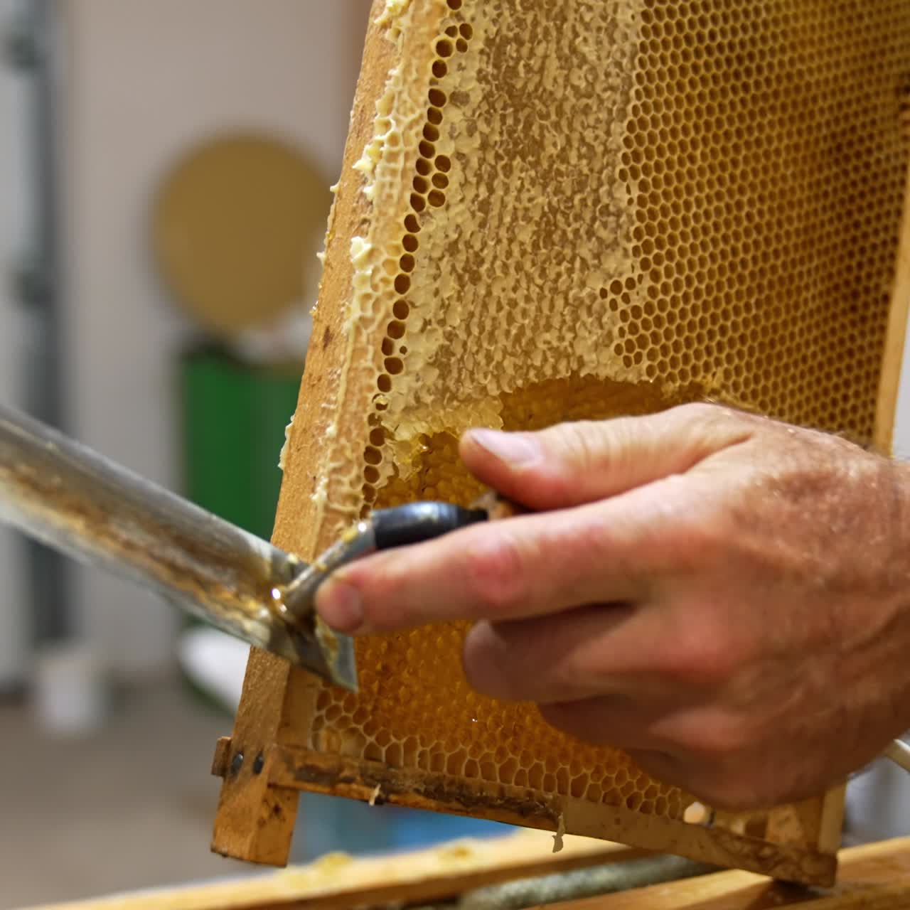 Wooden honey beehive frames. Organic apiary honey farming