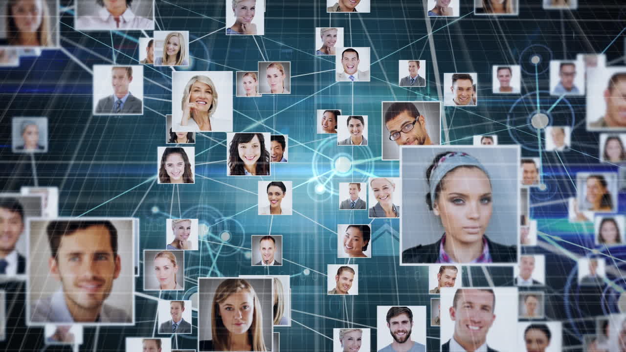 연결 네트워크와 파란색 배경에 대한 여러 프로필 아이콘의 디지털 복합 비디오